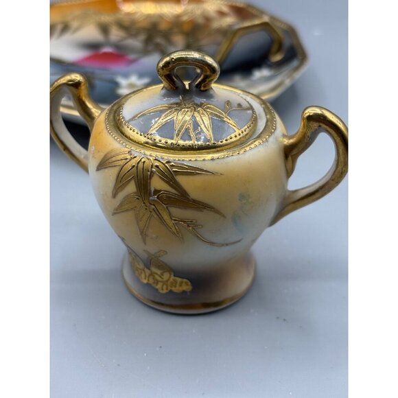 Vtg‎ Hand Painted Japanese Porcelain Sugar Bowl Handled Saucer Set Gold Bamboo - Picture 6 of 8